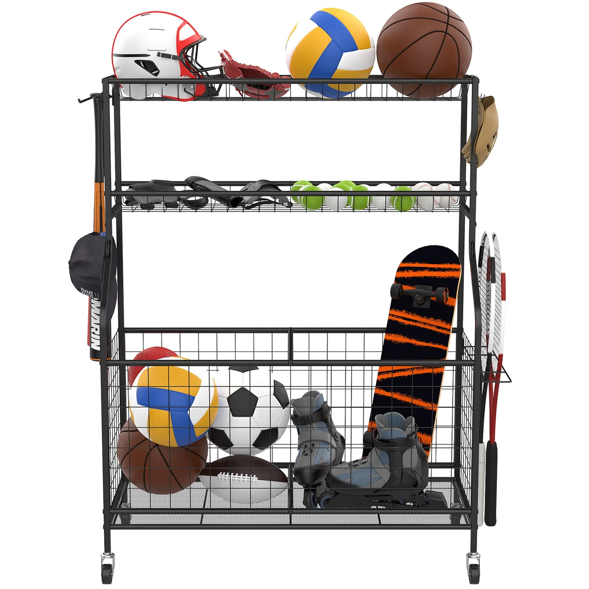 WALMANN Garage Ball and Sports Equipment Organizer, Ball Storage Rack Indoor/Outdoor Kids Ball/Toy Storage Organizer Bins, Rolling Ball Cart with Baskets WALMANN