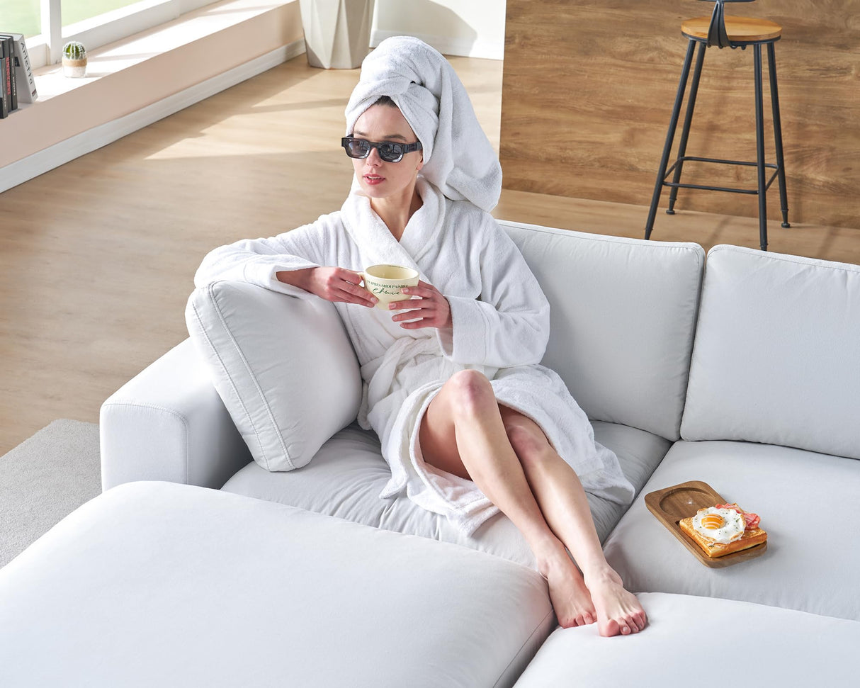 AMERLIFE 114 Inches Modular Sectional Couch, Feather Down Filled Sectional Couch, 4 Seats L Shaped Sofa with Chaise, Ottoman, Cloud Sofa for Living Room Apartment, White Linen AMERLIFE