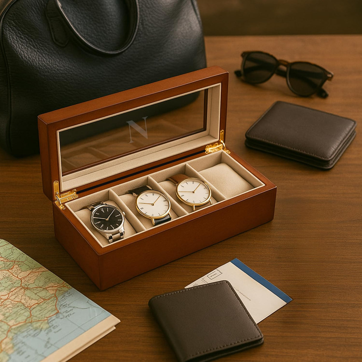 Bey-Berk Personalized Cherry Custom Wood Watch Box – 4-Slot Storage with Glass Lid, Velour Lining & Pillows Bey-Berk