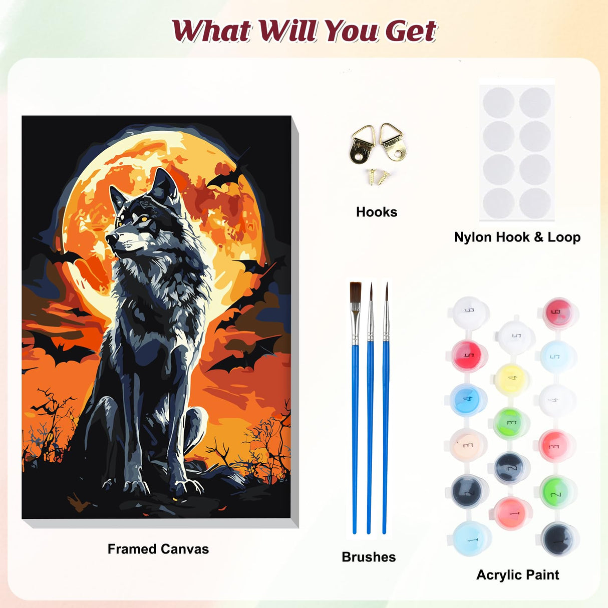 RICUVED Paint by Numbers Kit for Adults Beginner with Wooden Frame, Wolf Easy Acrylic Paint by Number, DIY Moon Oil Painting Kit with Framed Canvas Arts and Crafts for Gift Home Wall Decor 8X12 Inch RICUVED