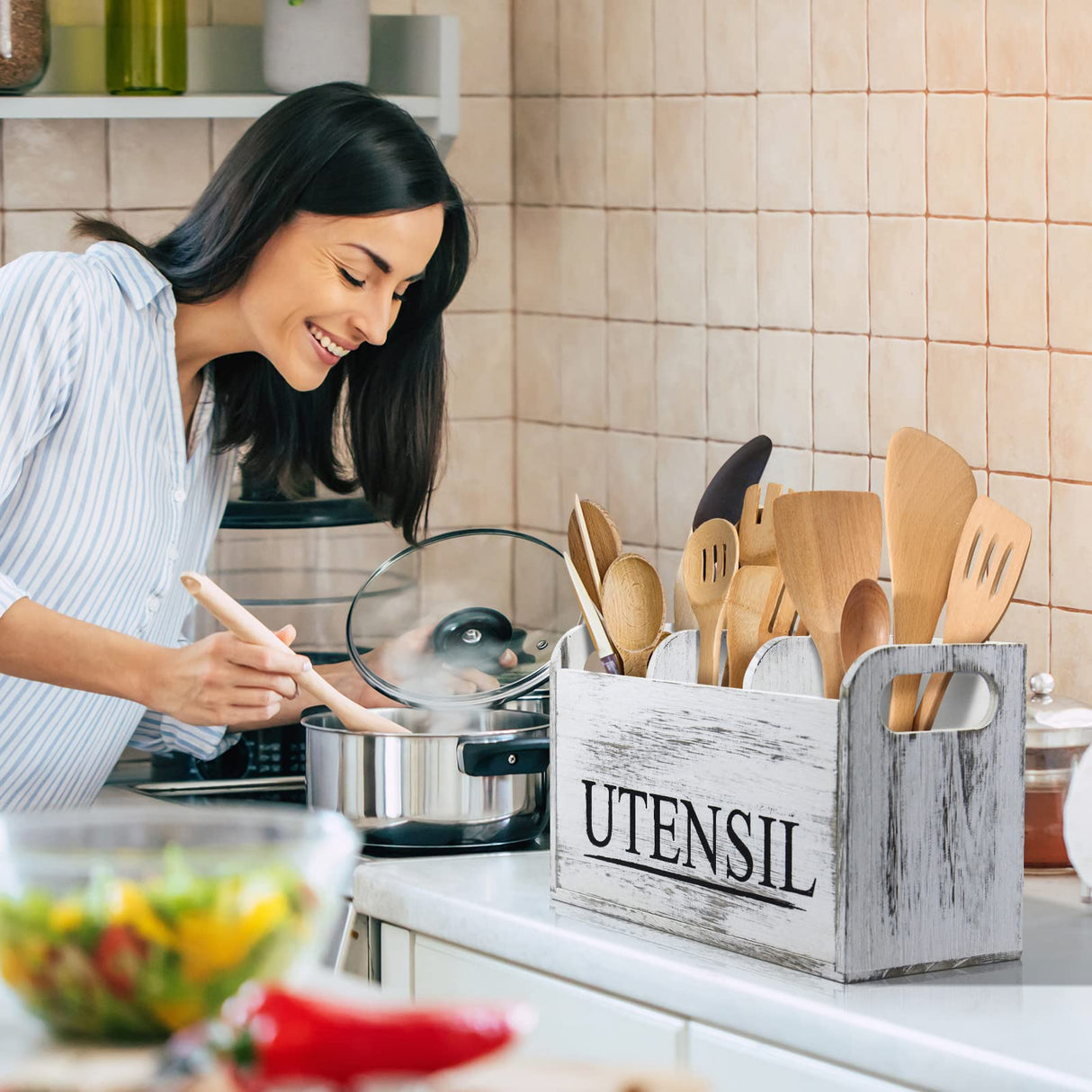 brekle White Kitchen Utensil Holder Rustic Large Wooden Utensil Organizer Cooking Tools Storage brekle