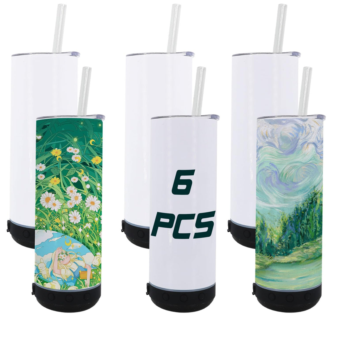 ZREGGUR 6pack 20oz cups Bluetooth Tumbler with Straw and Lid, Double-Wall Stainless Steel Vacuum Insulation Sublimation Tumbler Blank, RemovableRechargeable Bluetooth Wireless Speaker White ZREGGUR