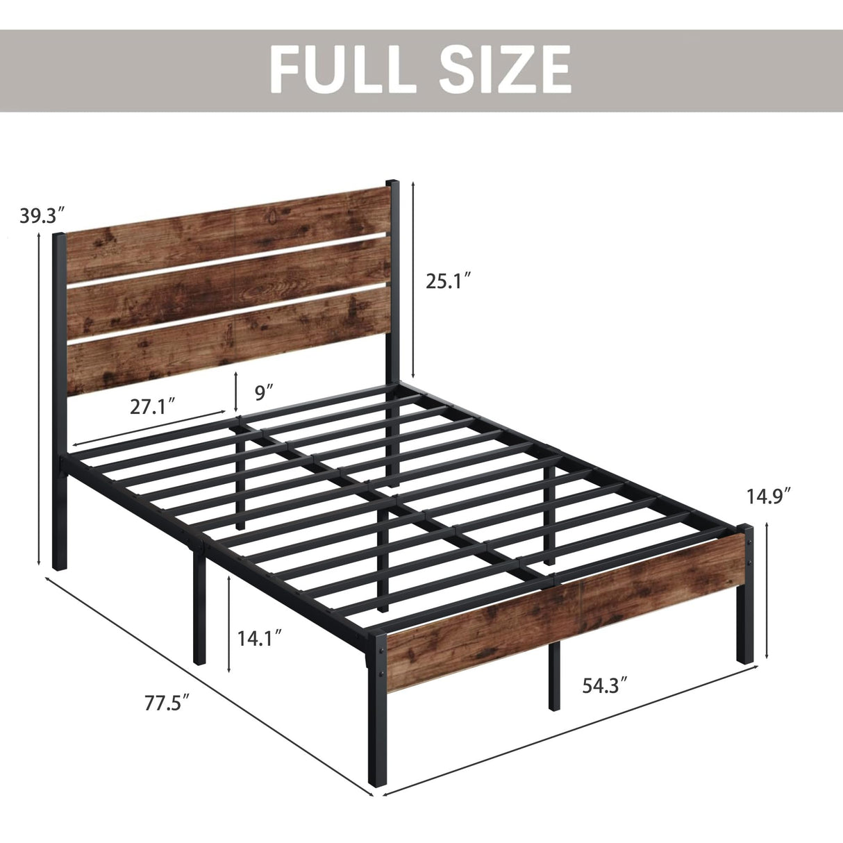Fluest Full Bed Frame with Headboard and Footboard, Metal Full Bed Frame with Under Bed Storage, All-Metal Support System, No Box Spring Needed, Easy Assembly,Rustic Brown Fluest