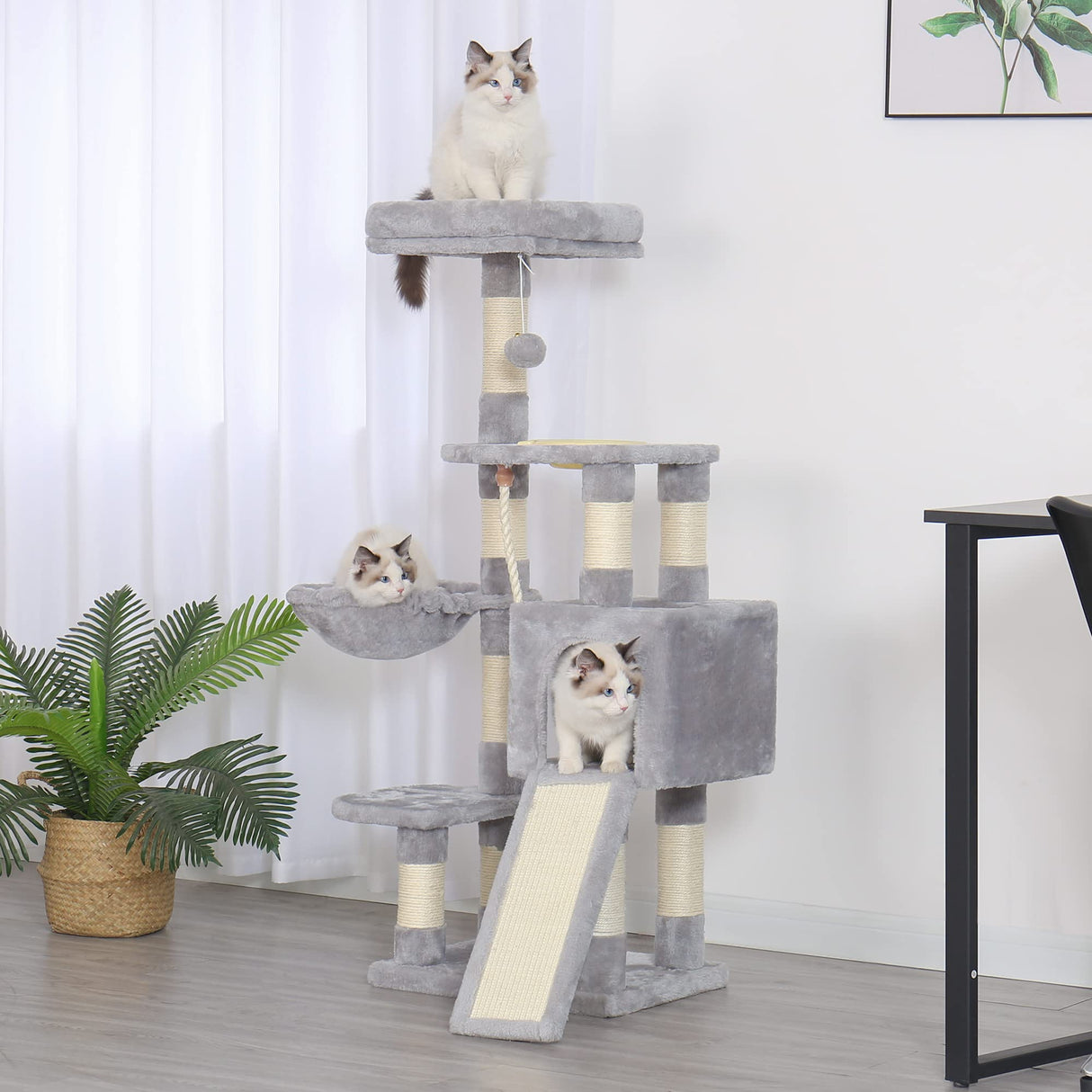 Heybly Cat Tree, Cat Tower for Indoor Cats with Scratching Board, Multi-Level Cat Furniture Condo with Feeding Bowl Light Gray HCT010SW Heybly