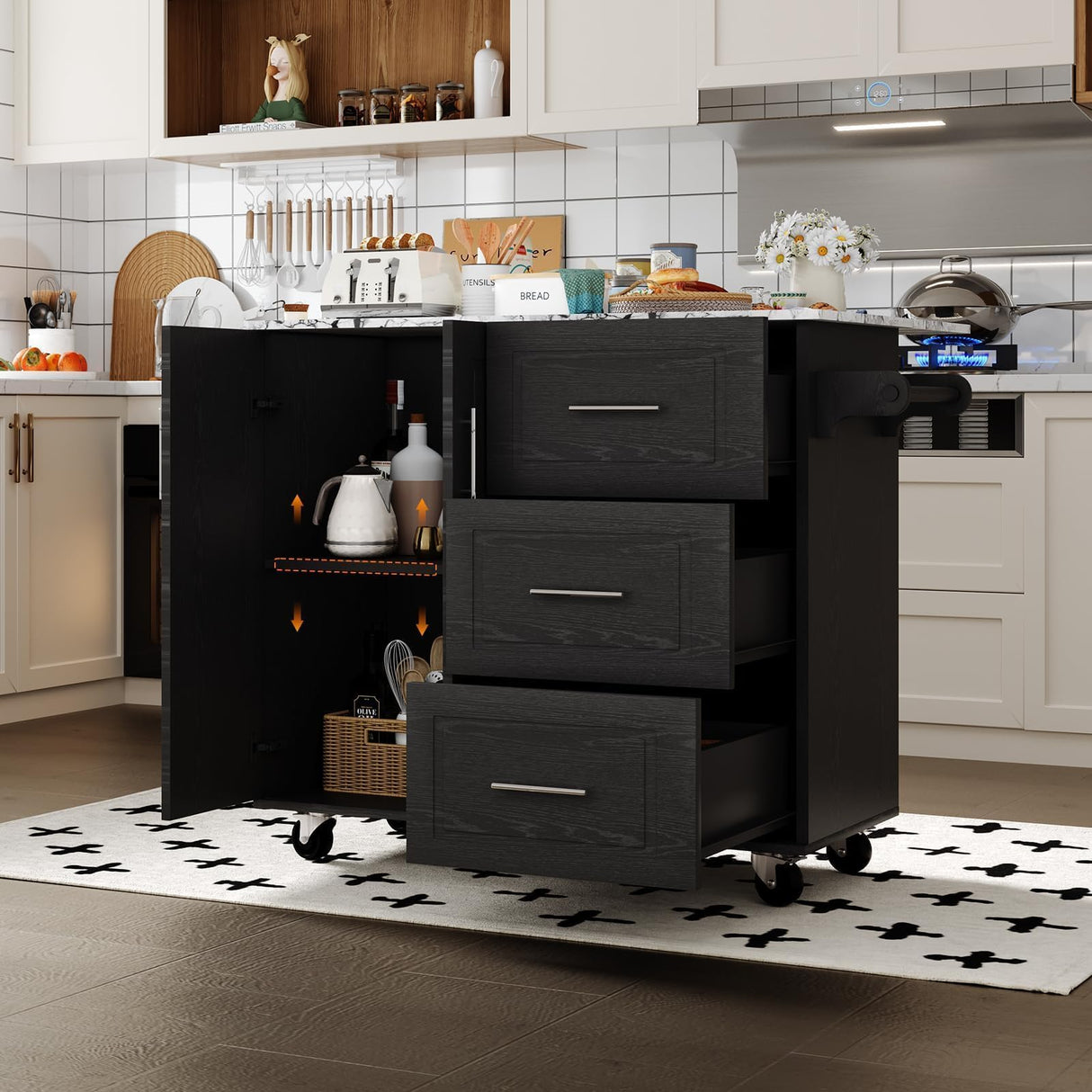 4 EVER WINNER Rolling Kitchen Island with Towel Rack & Spice Rack, Kitchen Island with Drop Leaf, Marble Tabletop Islands Table for Kitchen, Black 4 EVER WINNER