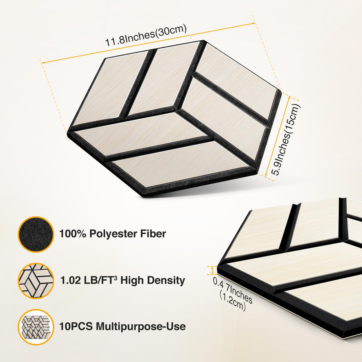 JAMELO Self-Adhesive Acoustic Panels, 10 Pack Wood Grain Sound Proof Acoustic Foam, High Density Hexagon Wood Slat Panels, 3D Sound Absorbing Wall Panels for Home Studio Office Decor Noise Reduction JAMELO