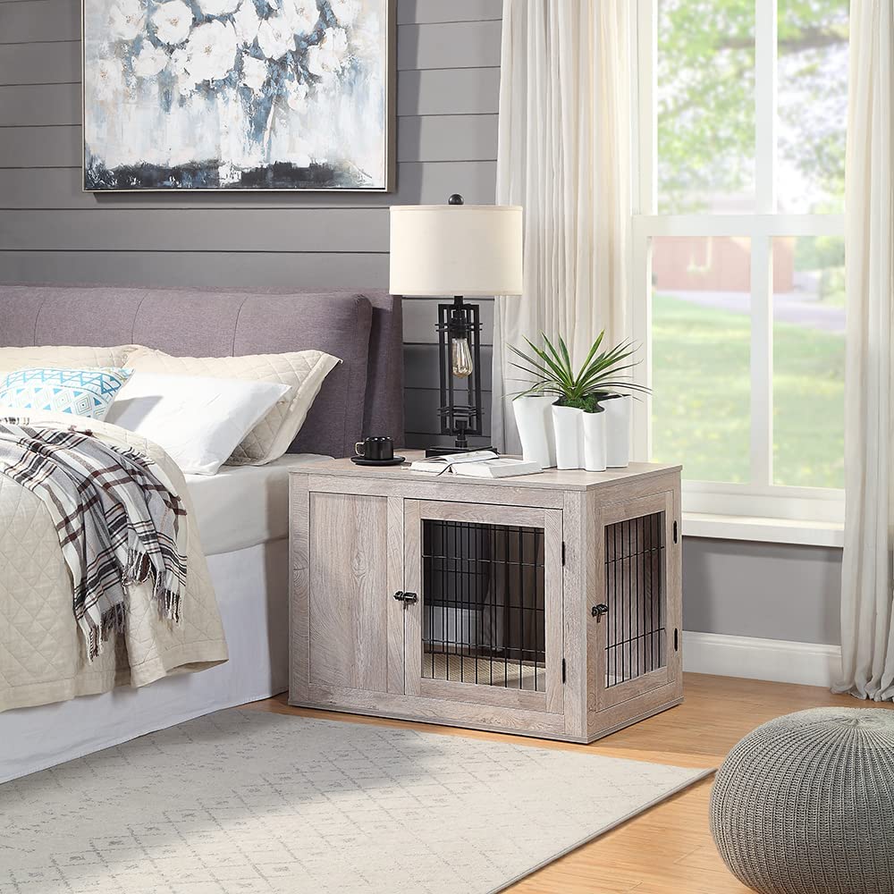 unipaws Furniture Style Dog Crate for Medium Dogs, Indoor Aesthetic Puppy Kennel with Door, Modern Decorative Wood Wire Pet House Dog Cage, Pretty Cute End Side Table Nightstand, Weathered Grey unipaws