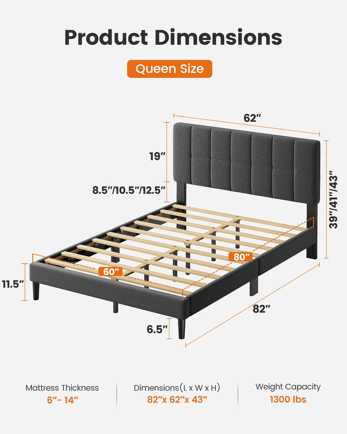 Pipishell Queen Size Bed Frame Upholstered Platform Queen Bed Frame with Adjustable Headboard,1300 lbs Strong Weight Capacity, Fully Upholstered Mattress Foundation,No Box Spring Needed, Easy Assembly Pipishell