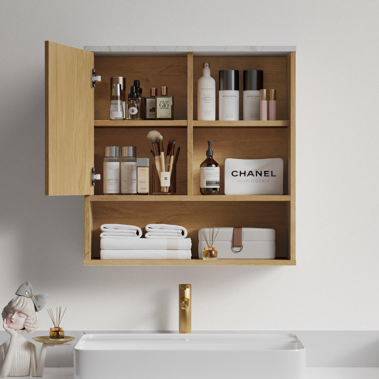 FerniTry Bathroom Cabinet Wall Mounted Fluted, Modern Medicine Cabinet Over The Toilet Storage Cabinet Faux Marble Top with Adjustable Shelf, Wood Wall Mounted Storage Cabinet Organizer(Natural Oak) FerniTry