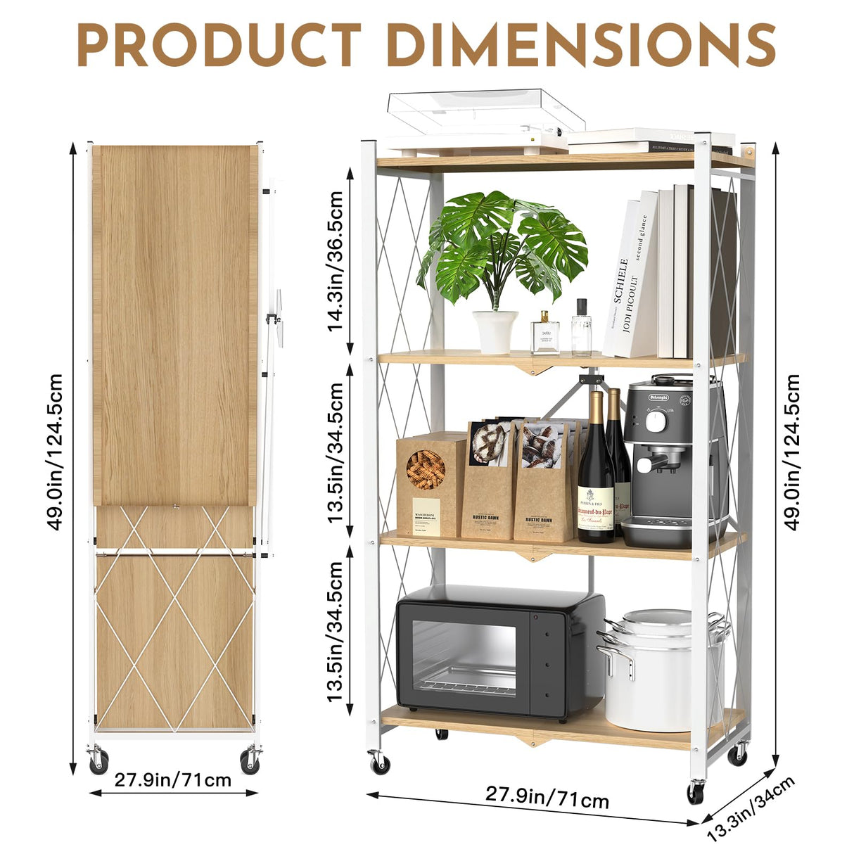 4 Tier Foldable Storage Shelf with Wheels,Folding Shelving Loads 400 LBS,No Assembly Bookshelf,Metal Shelving Units Storage for Garage,Living Room,Kitchen,Pantry, Office(27.9 x 13.3 x 49 in,White) FREGREE