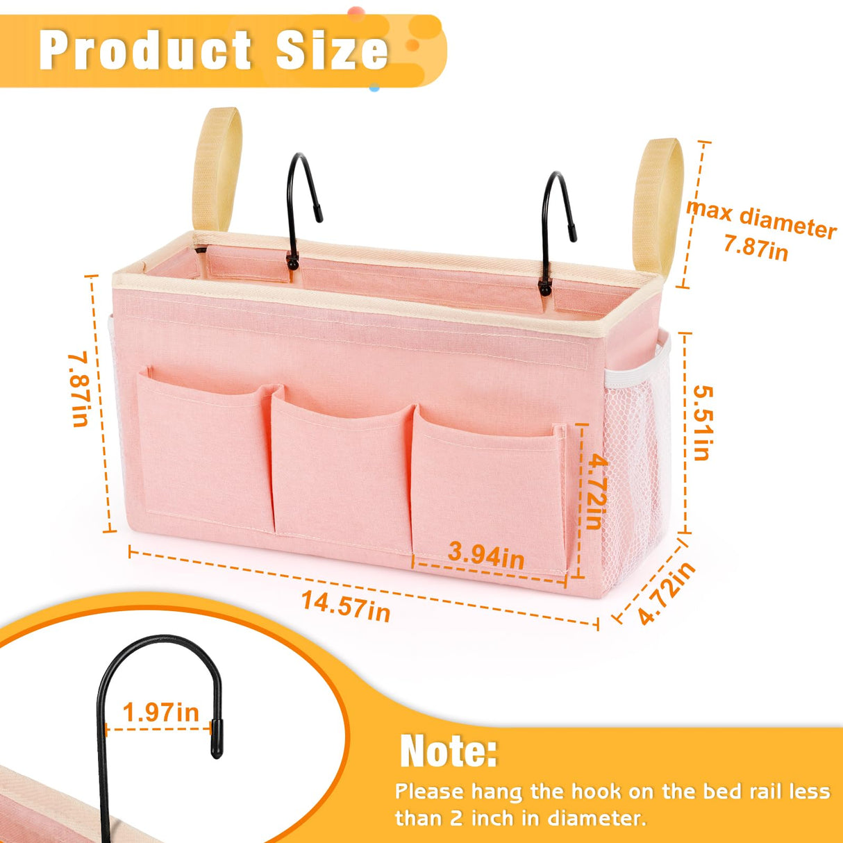 Lilithye Bedside Caddy Bedside Organizer Bedside Storage Caddy with Fixed Straps and Water Bottle Holder for Home College Dorm Bunk Bed Hospital Bed Crib Bed Rails (Pink) Lilithye