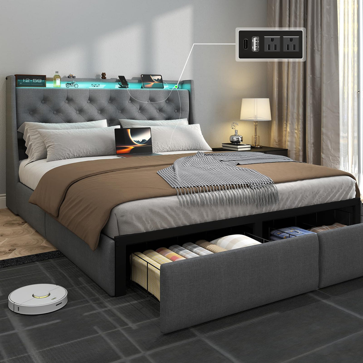 SADENICEL Full Size Bed Frame with Storage Headboard and 2 Drawer, Metal Full Bed Frame Platform with LED Light, Charging Station, No Box Spring Needed, Noise Free, Easy Assembly, Grey SADENICEL