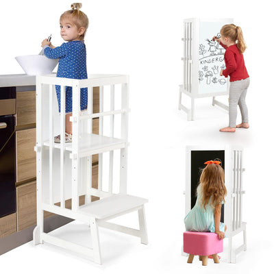 3 Height Adjustable Kids Step Stool, A-Shaped Structure Kids Standing Tower, Wooden Toddler Tower, Kids Standing Tower Aged 18-36 Months,with Safe Fences,Anti-Slip Pads Suit in Kitchen/Bathroom,White