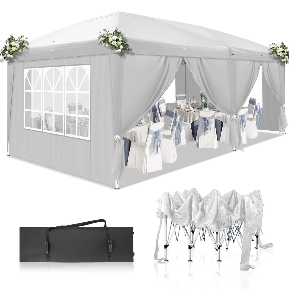 DOINUO 10x20 White Pop Up Canopy Tent Heavy Duty with 6 sidewalls Commercial Outdoor Party Tent Event Wedding Tents Instant Canopy Gazebo with Carry Bag UPF 50+ Waterproof Adjustable Height DOINUO