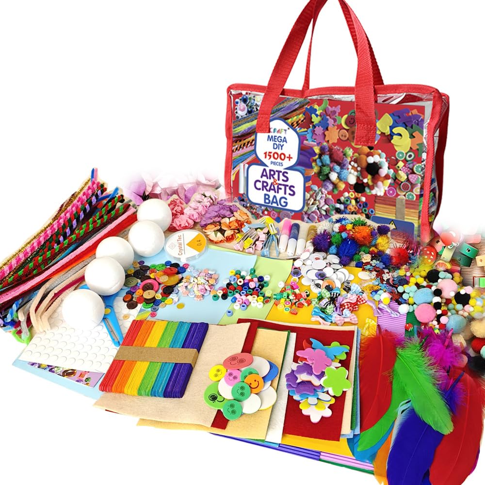 MOVEBO 1500 PCS Art and Craft School Supplies for Kids, Supplies Set with Construction Paper, Glue, Pipe Cleaners Craft and Kids' Scissor, Gifts for Girls and Boys Age 6+(red Bag) MOVEBO