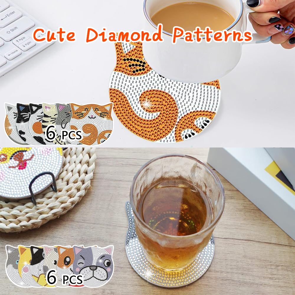 JUNIPLTER 6 PCS Cat Diamond Painting Coasters Kits with Double Tools, DIY Diamond Art Kits for Adults Kids Beginners, Cat Diamond Art Coasters Non-Slip & Heat Insulation, Perfect Holiday Gift JUNIPLTER