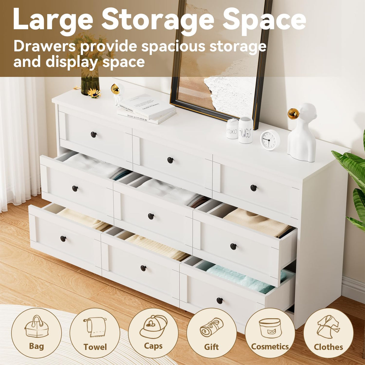 CHUWELL 9 Drawer Double Dresser for Bedroom, 59.1" Wide White Dressers & Chests of Drawers with Large Capacity Storage,Dresser for Bedroom CHUWELL