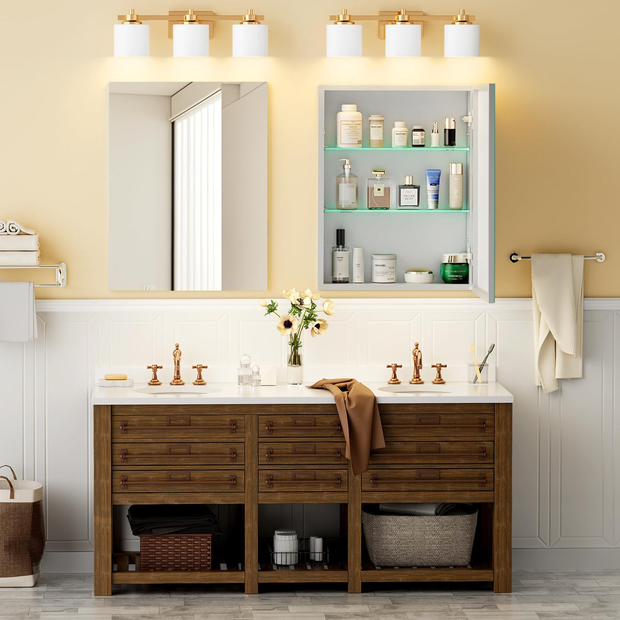 BROBIG Bathroom Medicine Cabinet with Mirror, 20x26 Recessed or Wall Mirror Medicine Cabinet with Storage Adjustable Glass Shelves, Beveled Edge Mirrored Door with Aluminum Cabinet Hinges BROBIG