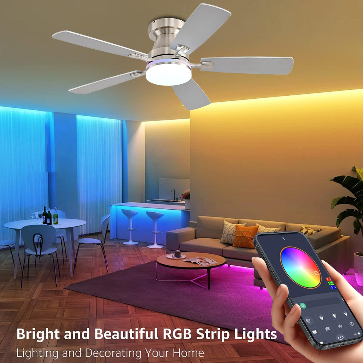 Ayaoty Ceiling Fans with Lights, 48 inch Low Profile Ceiling Fan with Light and Remote Control, Flush Mount RGB Dimmable Light, Noiseless, Nickel Ceiling Fan for Bedroom Indoor/Outdoor Use Ayaoty
