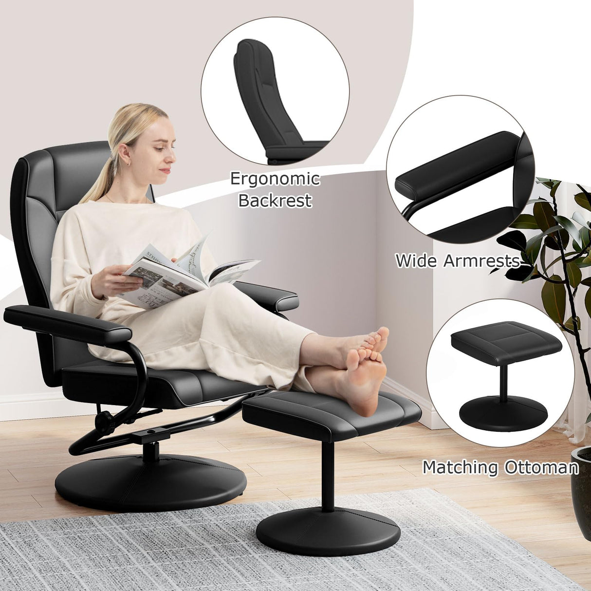 Giantex Recliner Chair with Ottoman, 360° Swivel Faux Leather Reclining Chair w/Adjustable Backrest, Footrest, Sturdy Metal Base, Upholstered Armchair for Living Room Bedroom Study, Office, Black Giantex