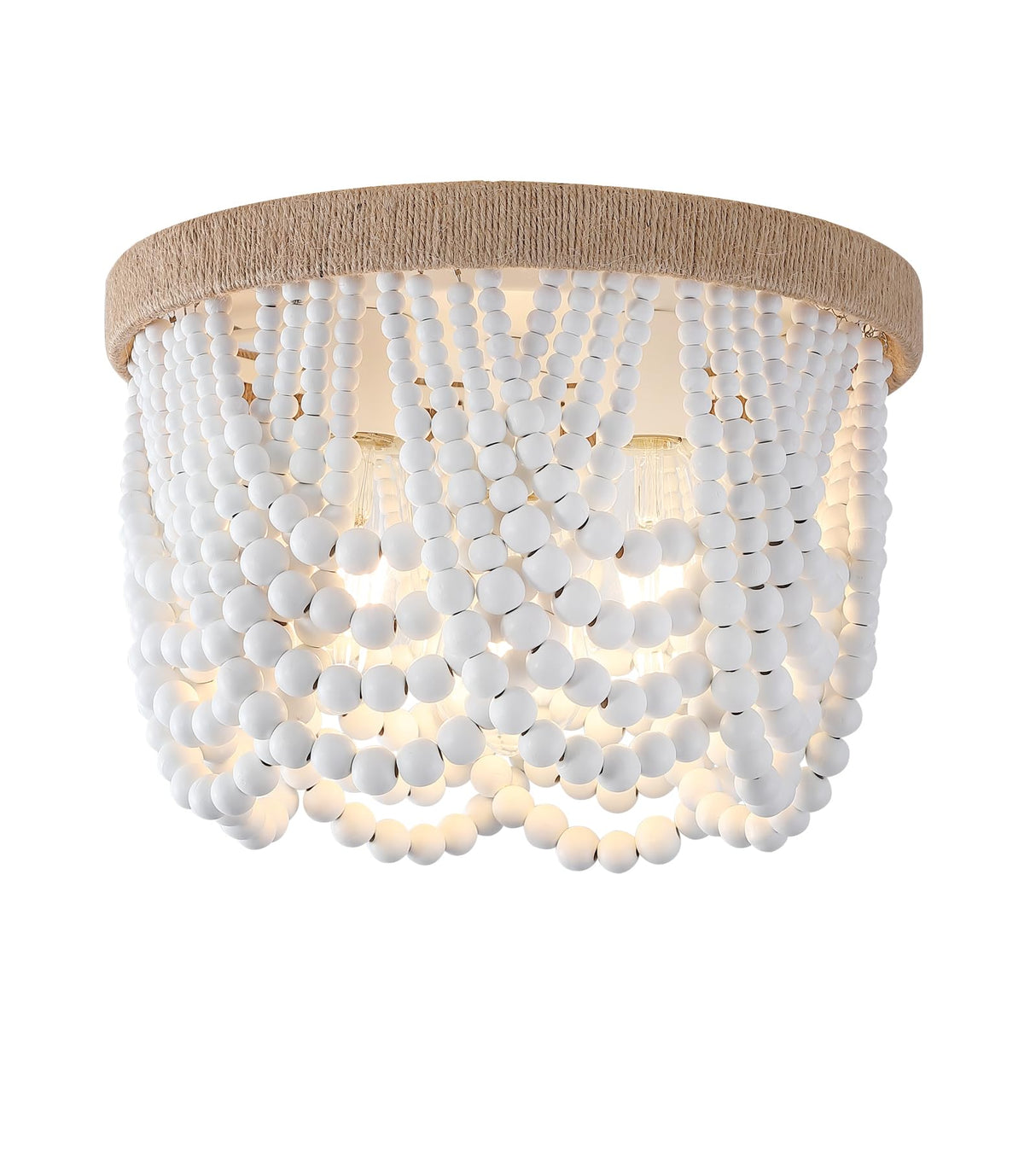 AMZASA White Boho Wood Beaded with Hemp Rope Flush Mount Ceiling Light Farmhouse Small Chandelier Light Fixture for Bedroom Hallway Entryway Closet Kitchen Dining Room Living Room Nursery AMZASA