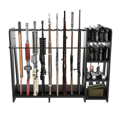 Prometis Gun Storage Racks - Freestanding Floor Wooden Rifle Rack with Pistol Shelves, 9+8 Slots Adjustable Height Storage Solutions and Gun Room Display Stand, Holds up to 9 Long Guns and 8 Handguns