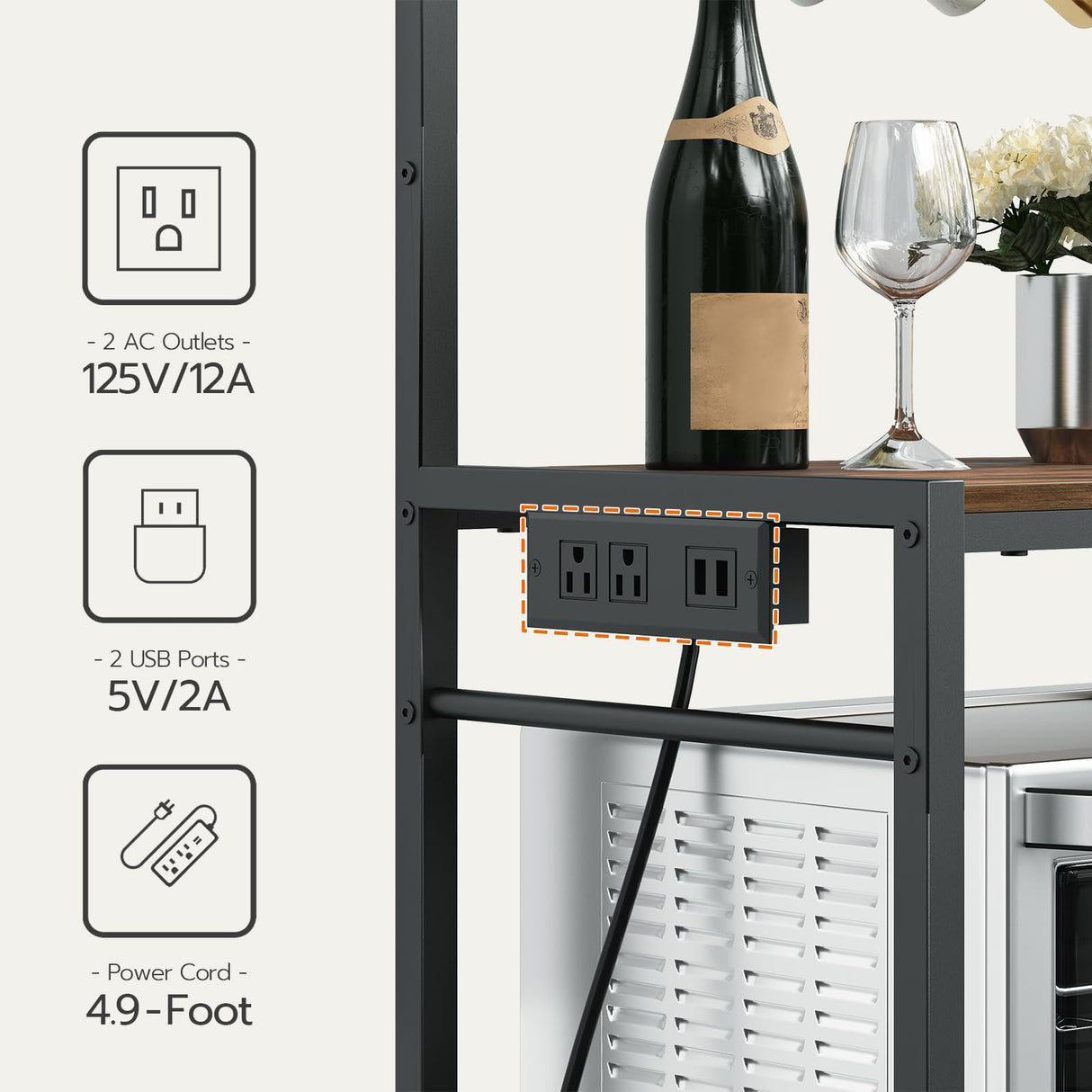 MAHANCRIS Bakers Rack with Storage, Microwave Stand with Power Outlet, Kitchen Storage Shelf with 6 Hooks, Coffee Bar Station 4 Tier, for Kitchen, Dining Room, Rustic Brown and Black BRHR351E01 MAHANCRIS