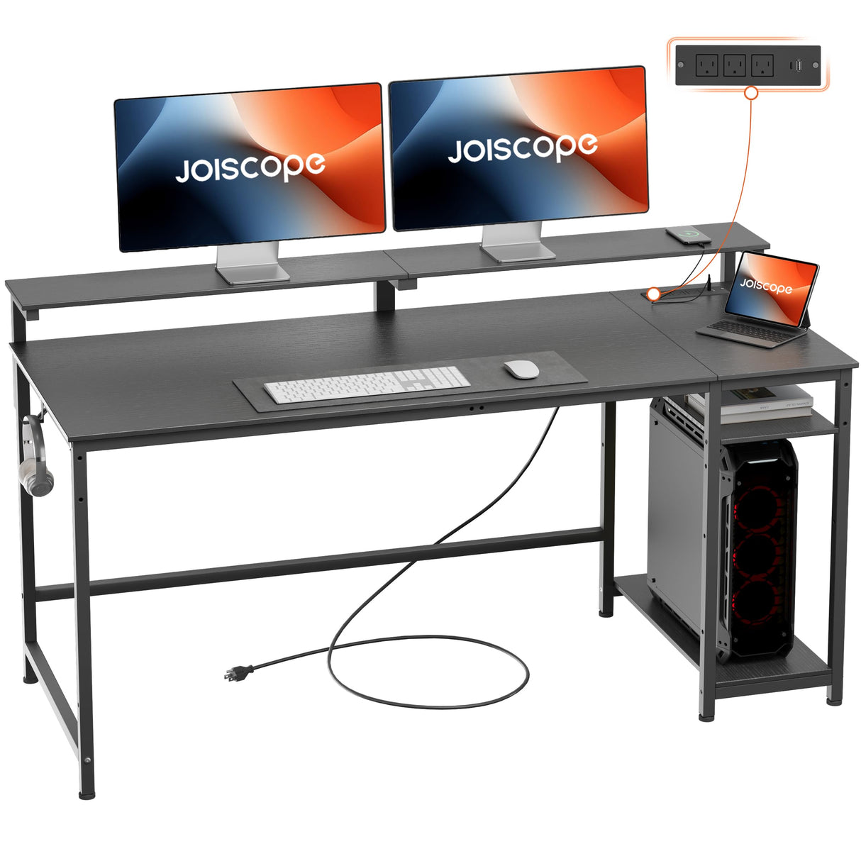 JOISCOPE Home Office Desk with Power Outlets (3AC, USB, Type-C), 60 × 20 Inch Computer Desk with Reversible Shelves, Laptop Table with Display Riser, Gaming Study Drafting Table for Bedroom, Black JOISCOPE
