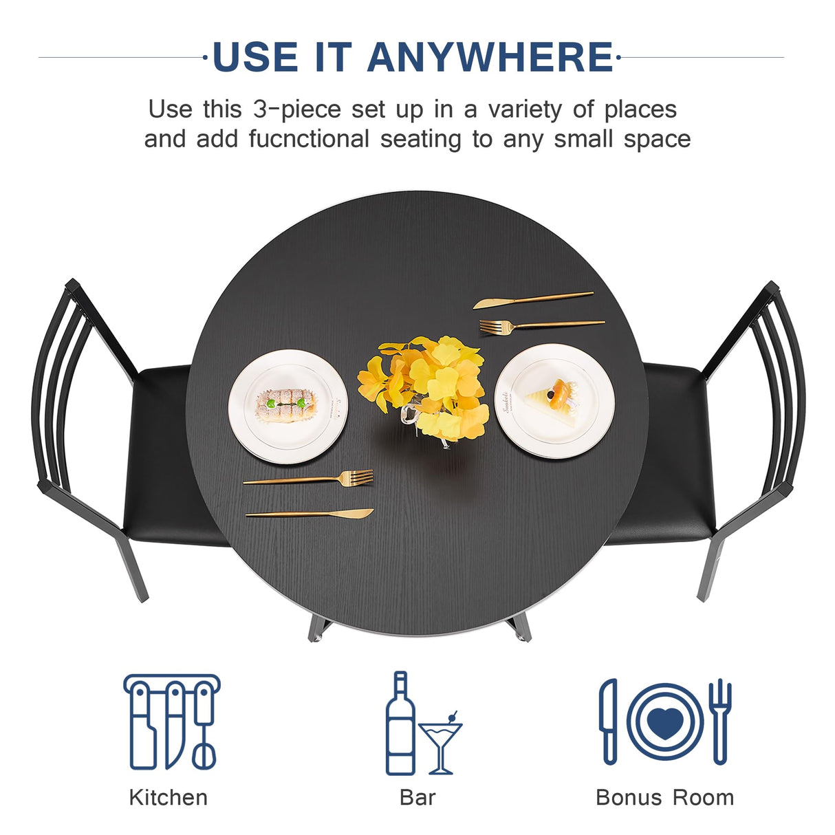 VECELO Round Dining Room Table with Wood Grain Tabletop and Steel Frame, for Kitchen, Living Room, Office, Conference, 2 to 4 Person, Wood-Grain Black VECELO