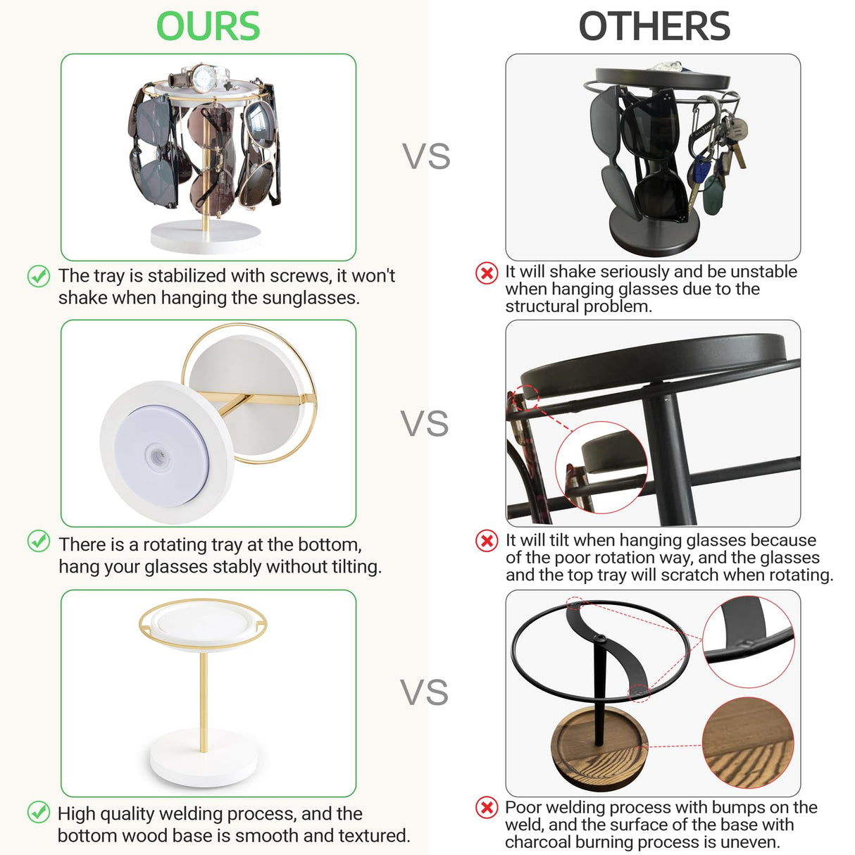 Mkono 360° Rotating Sunglasses Organizer Glasses Holder Stand Metal Frame with Wood Base and Tray Eyeglasses Storage Display Rack for up to 12 Pairs of Eyewear for Table Dresser Desk Bedroom, Gold Mkono