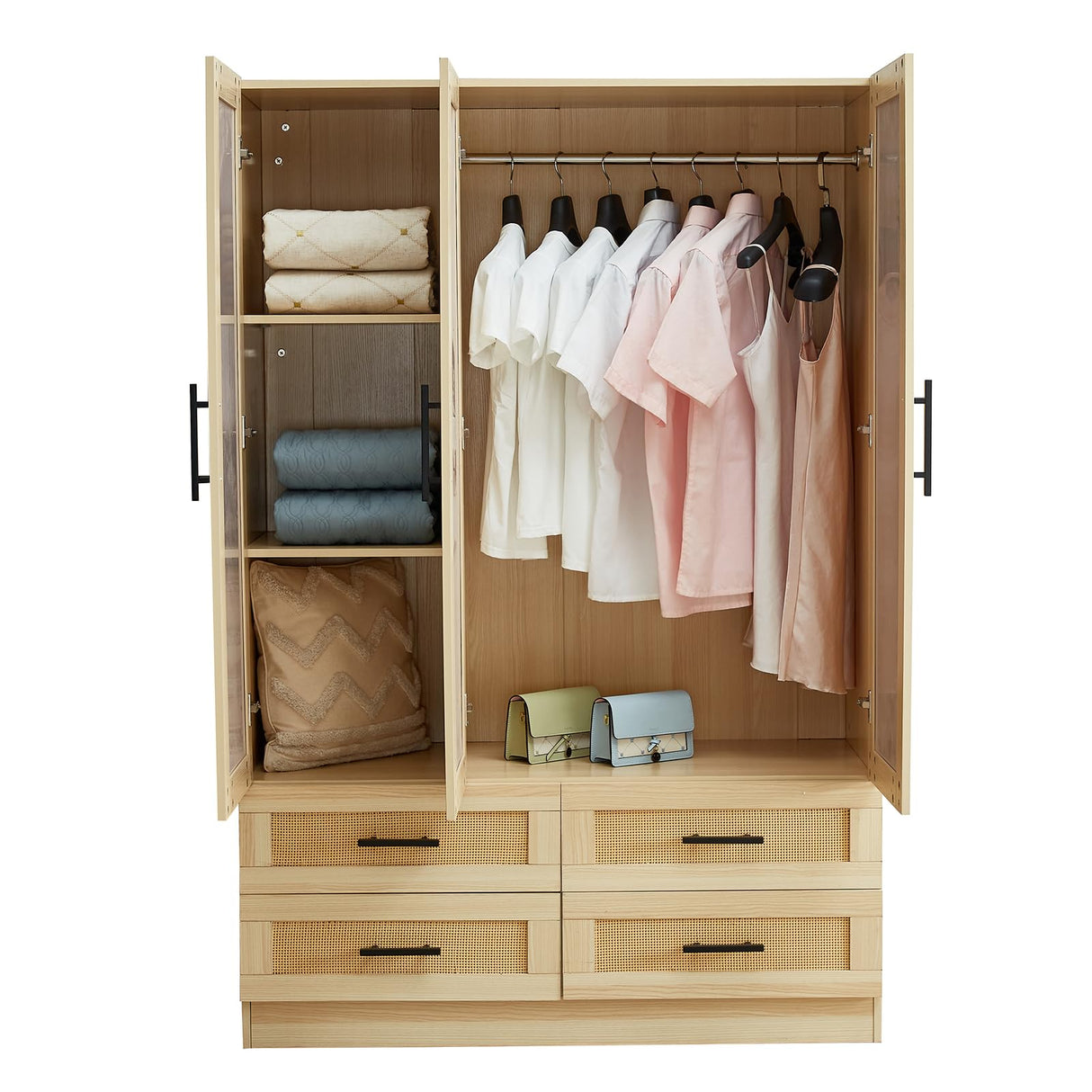 Sophshelter Rattan Armoire Wardrobe Closet: Wardrobe Closet with 4 Drawers Wardrobe Closet with 3 Doors Tall Armoire Closet with Mirror for Bedroom 47.24''W x 18.9''D x 70.9''H Sophshelter