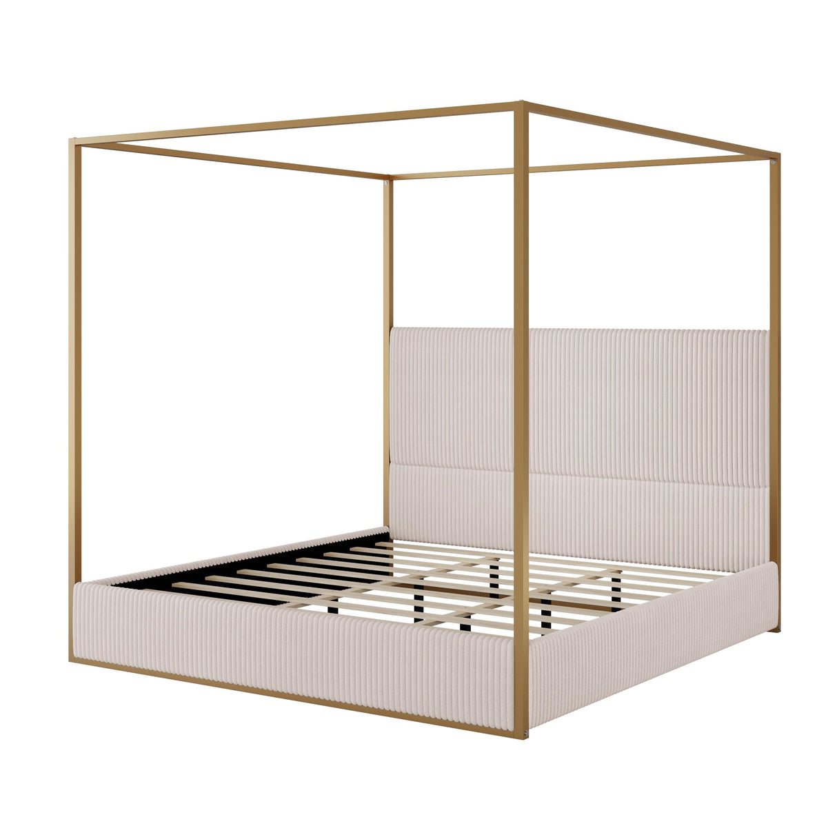 King Size Metal Canopy Bed with Tall Upholstered Channel Headboard and Gold 4 Poster, No Box Spring Needed (Beige+Gold, King) BEDGJH