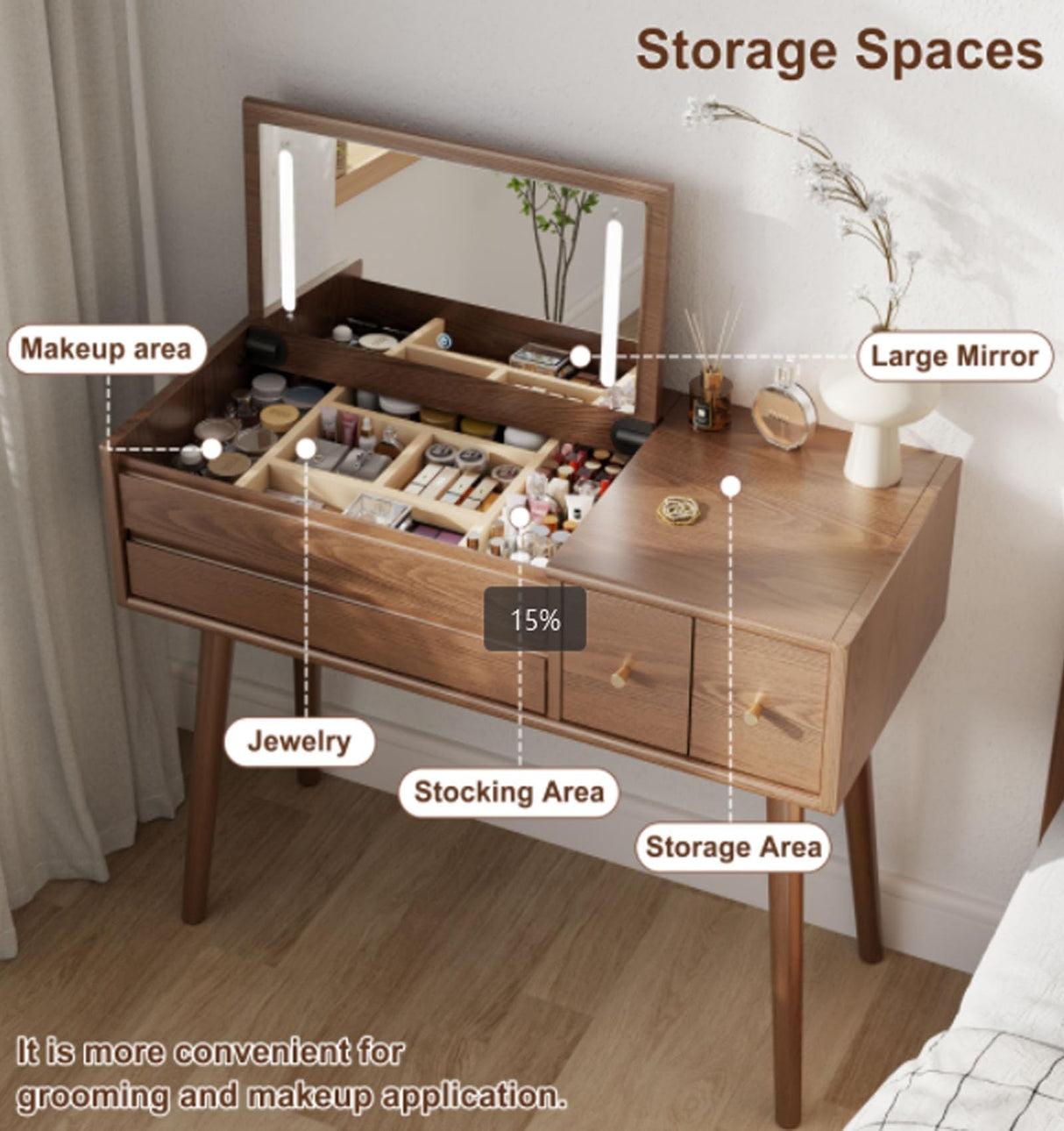 KungFuWood Makeup Vanity Desk with 3 Lighting Modes, Solid Wood Vanity Desk with Mirror Dressing Table Set 4 Drawers,Space-Saving Vanity for bedrooms(walunt) KungFuWood