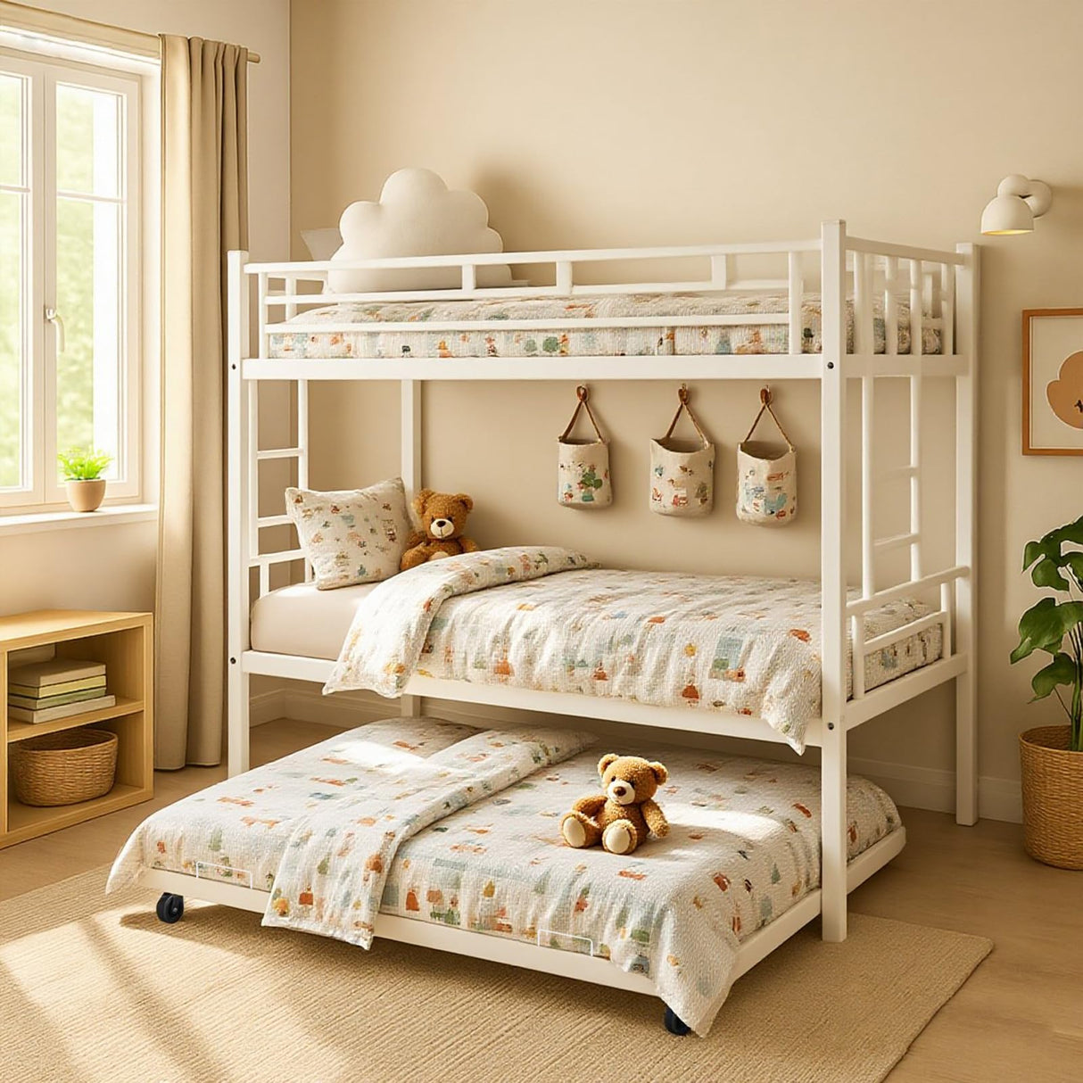 ArisingAsia Twin Over Twin Triple Bunk Beds with Trundle, Metal Bunkbeds with Ladder and Full-Length Guardrail, Noise Free, No Box Spring Needed ArisingAsia