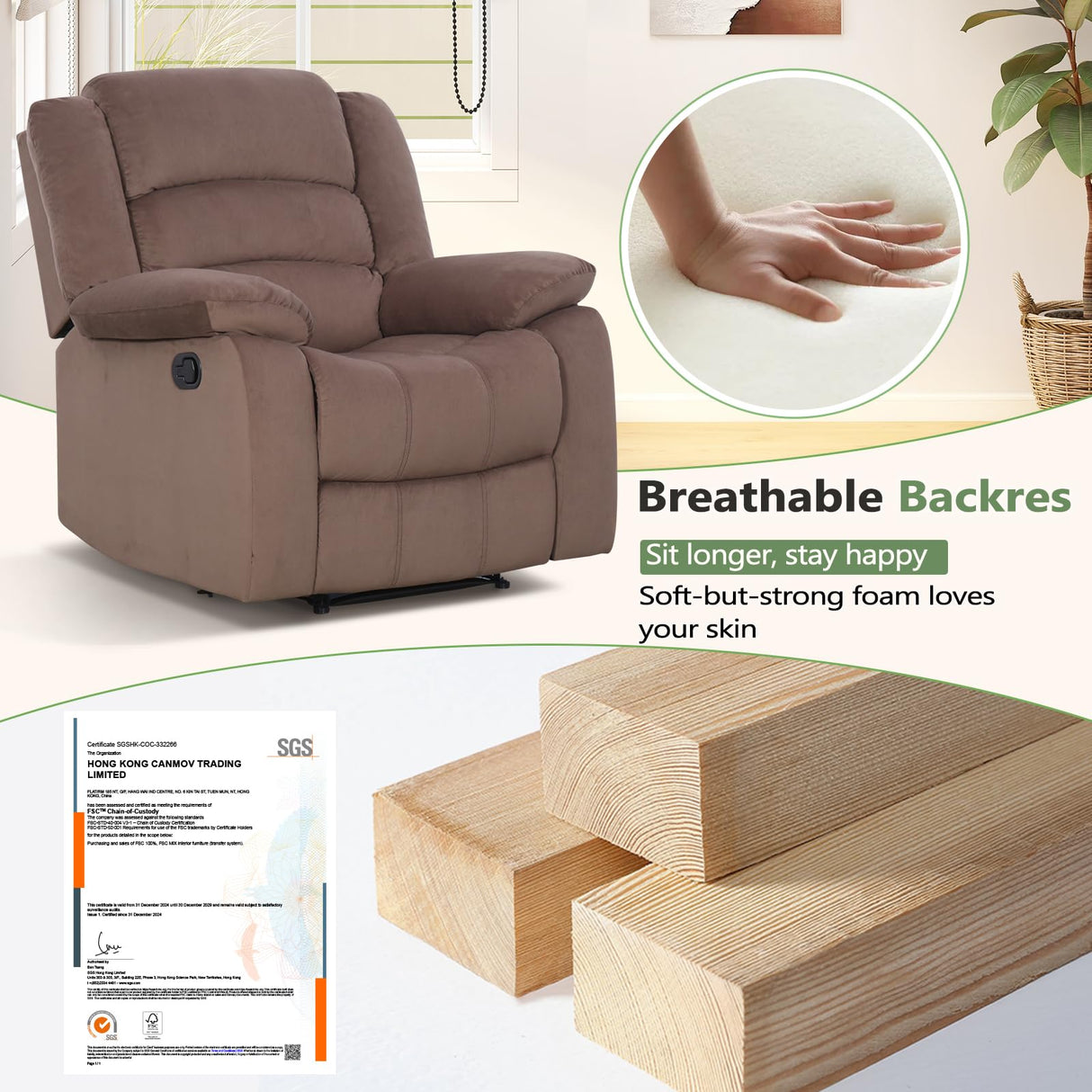 ANJ Fabric Recliner Chair Set of 2, with Overstuffed Arm and Back, Comfy Chocolate Manual Reclining Chairs for Adults, Living Room Single Sofa Recliners ANJ