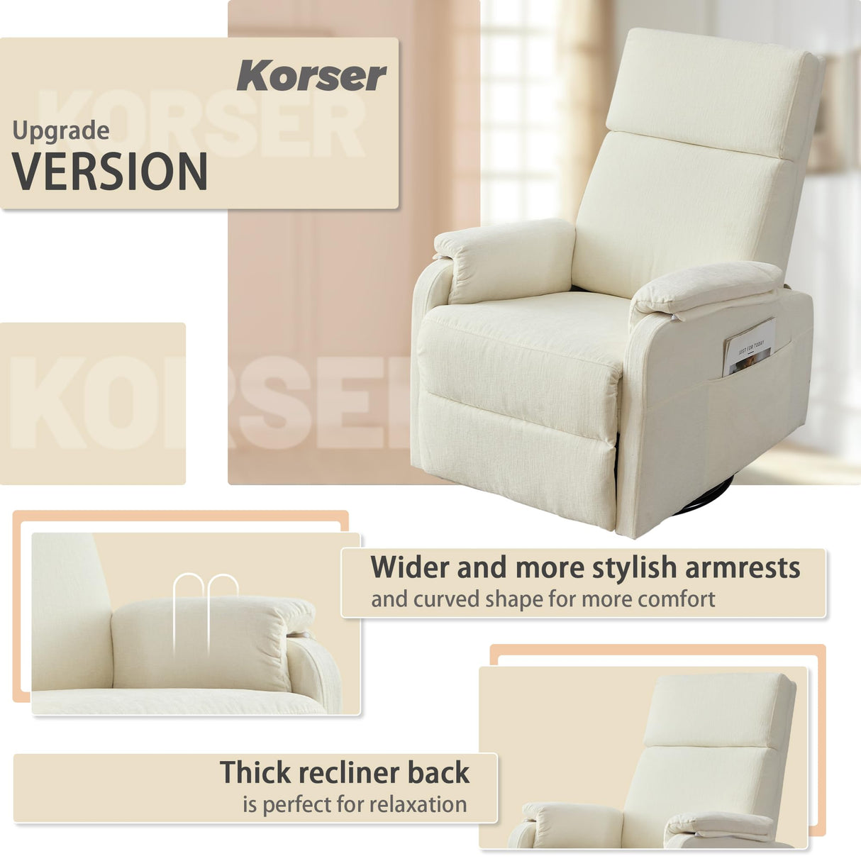 Korser Recliner Chairs, Swivel Rocking Recliner Chair for Adults, Glider Rocking Chair, Small Nursery Recliner for Living Room, Reclining with Modern-Designed Armrests, Chenille, Beige Korser