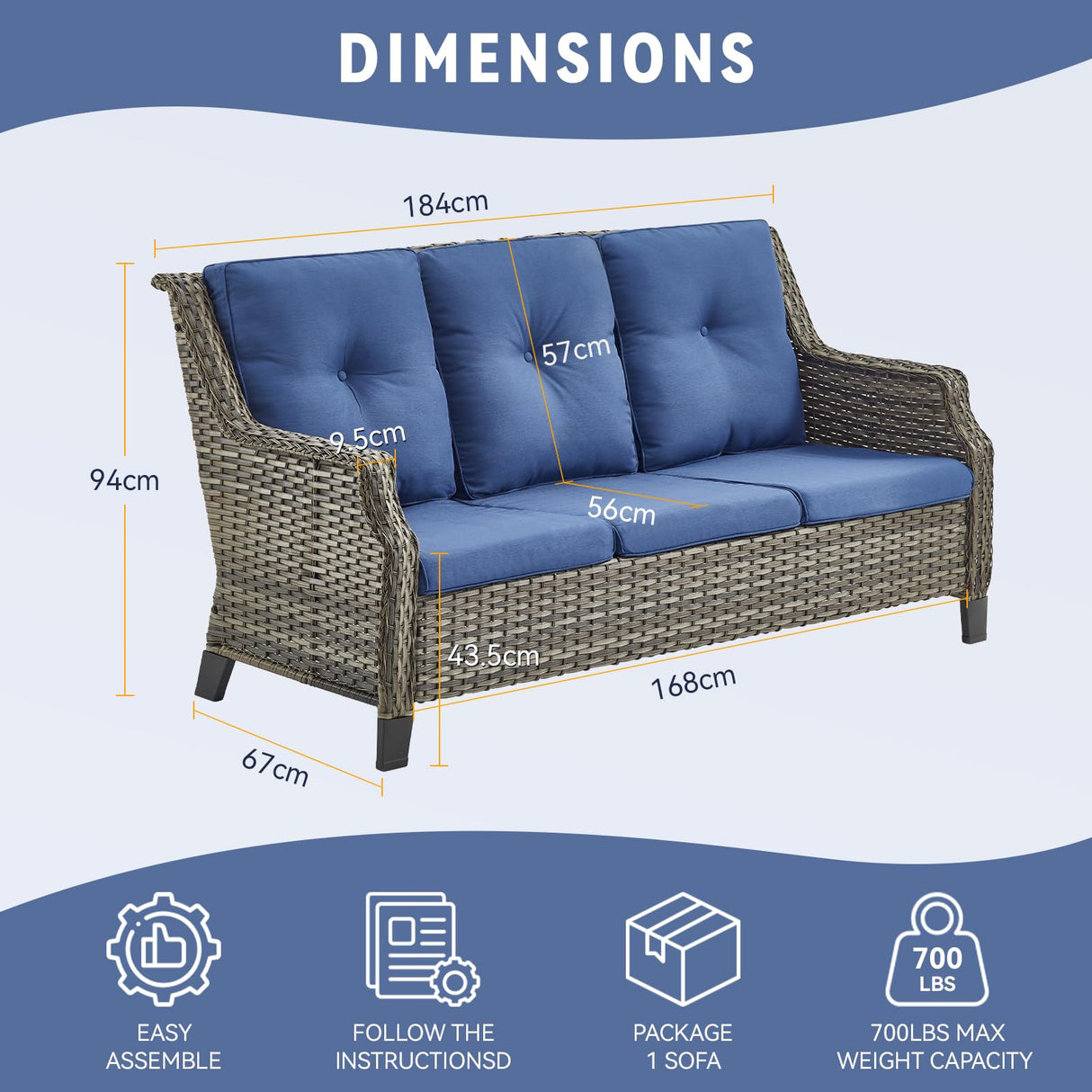 Bellefurn Patio Sofa Couch Outdoor Wicker Sofa PE Rattan 3-Seat Couch with Curved Armest Water Resistant Cushions for Garden Balcony Sunroom Poolside, Grey Wicker|Blue Cushions, Sofa(1PC) Bellefurn