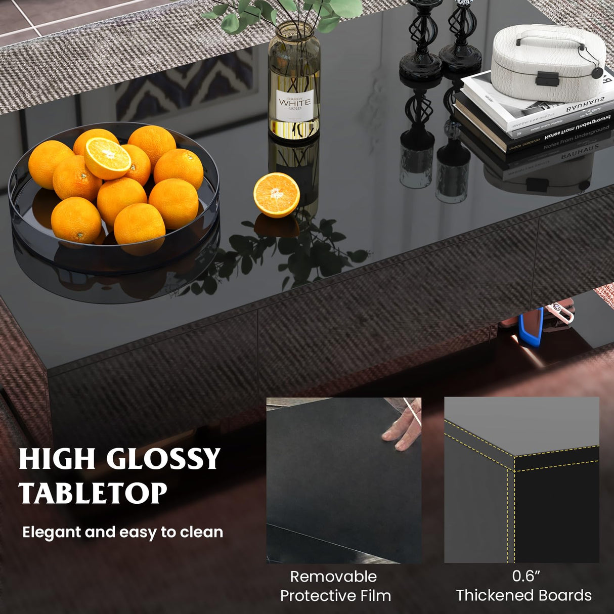 Tangkula LED Coffee Table with 2 Drawers, High Glossy Modern Center Table, 20-Color Dimmable LED Lights & Remote Control, 2-Tier Rectangle Coffee Table for Living Room (with Drawer, Black) Tangkula