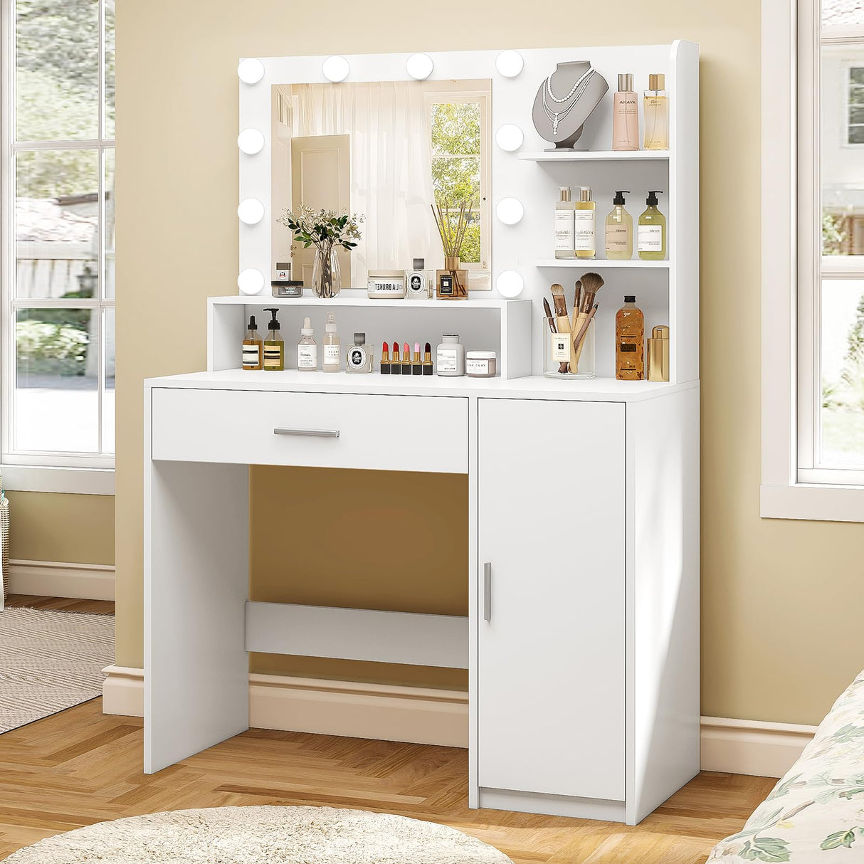 Quimoo Makeup Vanity Desk with Mirror and Lights, Vanity Desk with Large Drawer & Shelves & Cabinet, 3 Color Modes & Adjustable Brightness, Dressing Table Set for Bedroom,White Quimoo