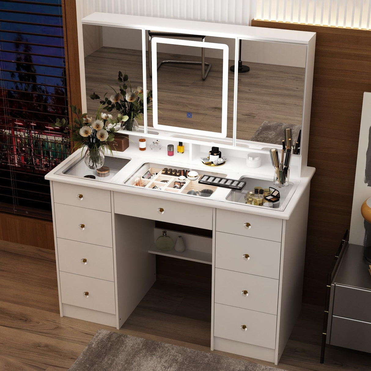 MOUMON Large Vanity Desk with Open Mirror and Glass Tabletop, Vanity Desk with Mirror and Lights, Drawers and Shelves, Crystal Handles, Cushion Stool not Included, White (43.3”W x 19.7”D x 53.6”H) MOUMON