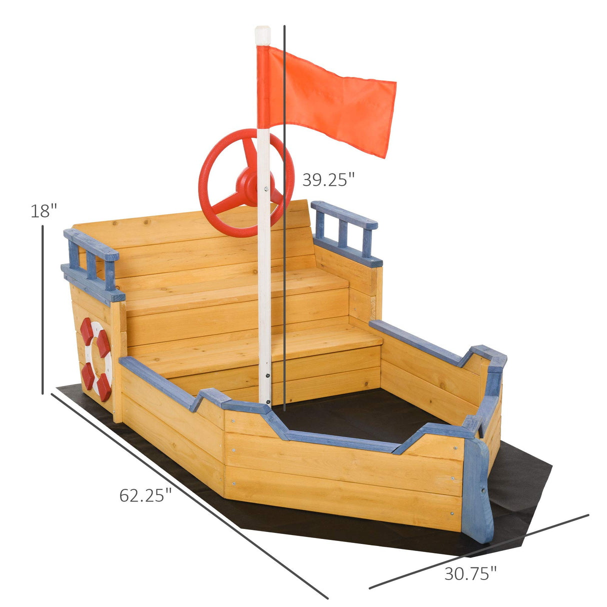 Outsunny Wooden Kids Pirate Sandbox, Outdoor Sandboat with Bench Seats, Storage, Non-Woven Fabric Cloth for Backyard, Lawn Outsunny