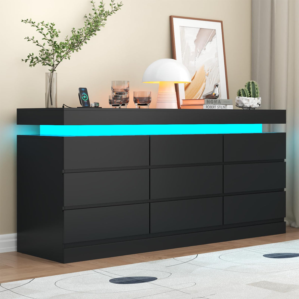 9 Drawer Dresser with Power Outlet, Dresser with LED Light, Modern Chest of Drawers for Closet, Double Wide Drawer Organizer Cabinet for Bedroom, Living Room, Entryway, Hallway (Black, 9 Drawers) Gyfimoie