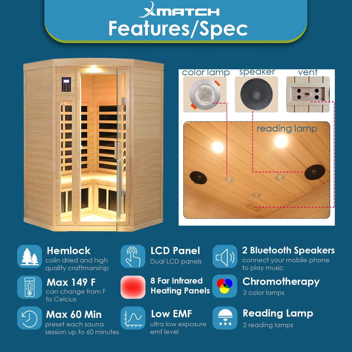 Xmatch Saunas 907B Far Infrared Sauna, Indoor Corner Space Wooden Dry Sauna Low EMF (Hemlock Wood, 2-3 Person Size 360 Envolved) Xmatch