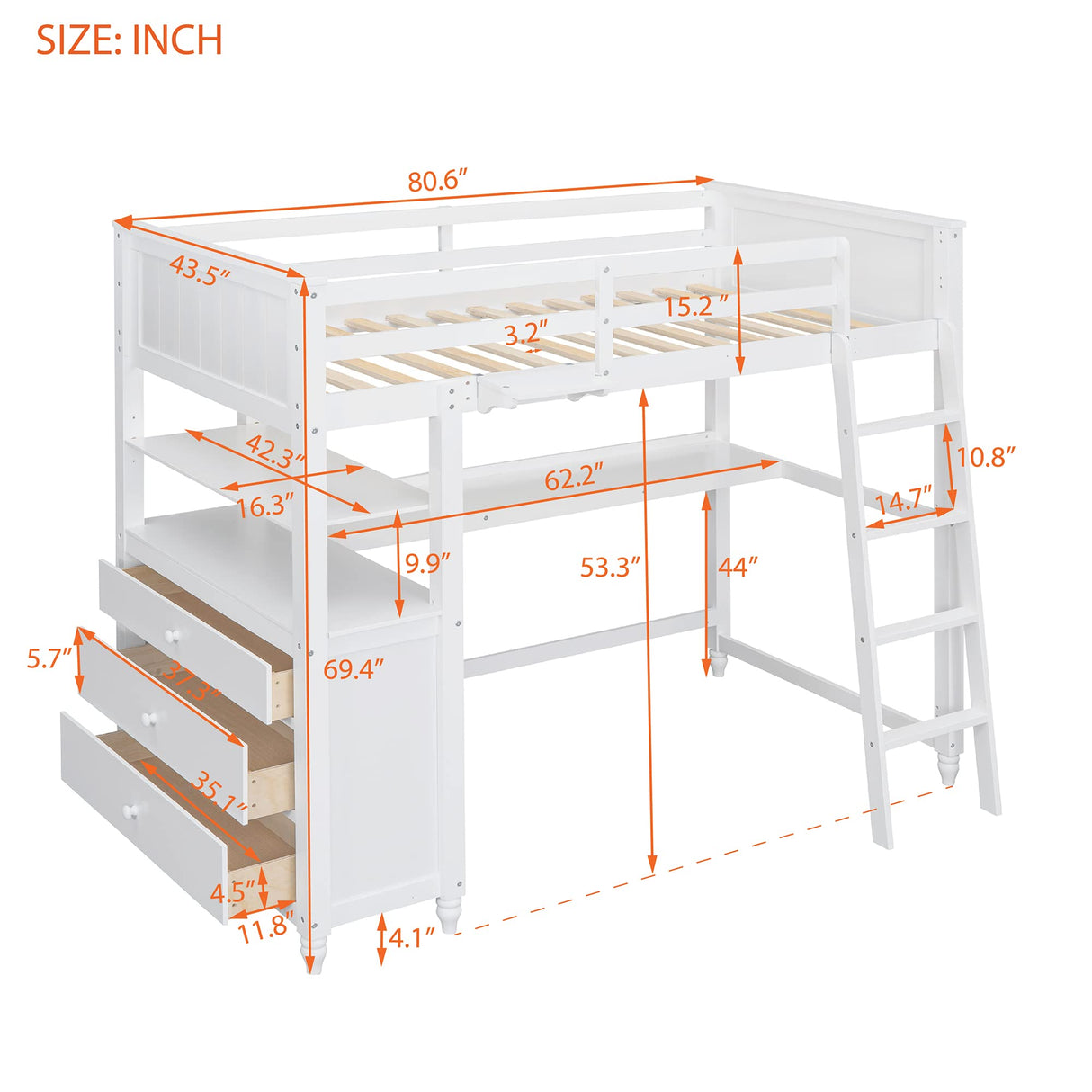 Twin Size Loft Bed with Desk and Storage by Harper & Bright Designs - Solid Wood Frame in White Harper & Bright Designs