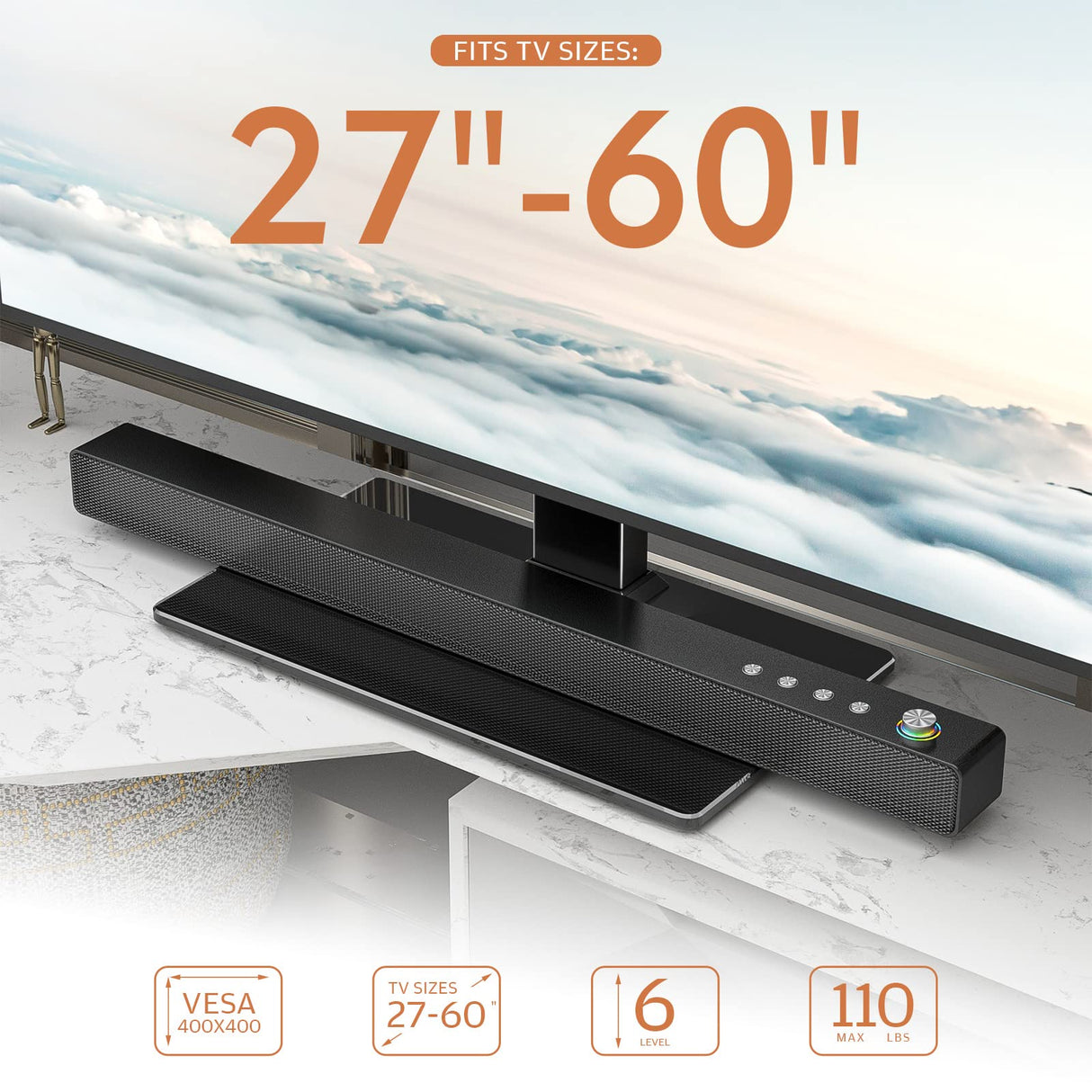 Universal TV Stand - Table Top TV Stand for 27-60 inch LCD LED TVs - 6 Level Height Adjustable TV Base Stand with Tempered Glass Base & Wire Management, VESA 400x400mm Hemudu