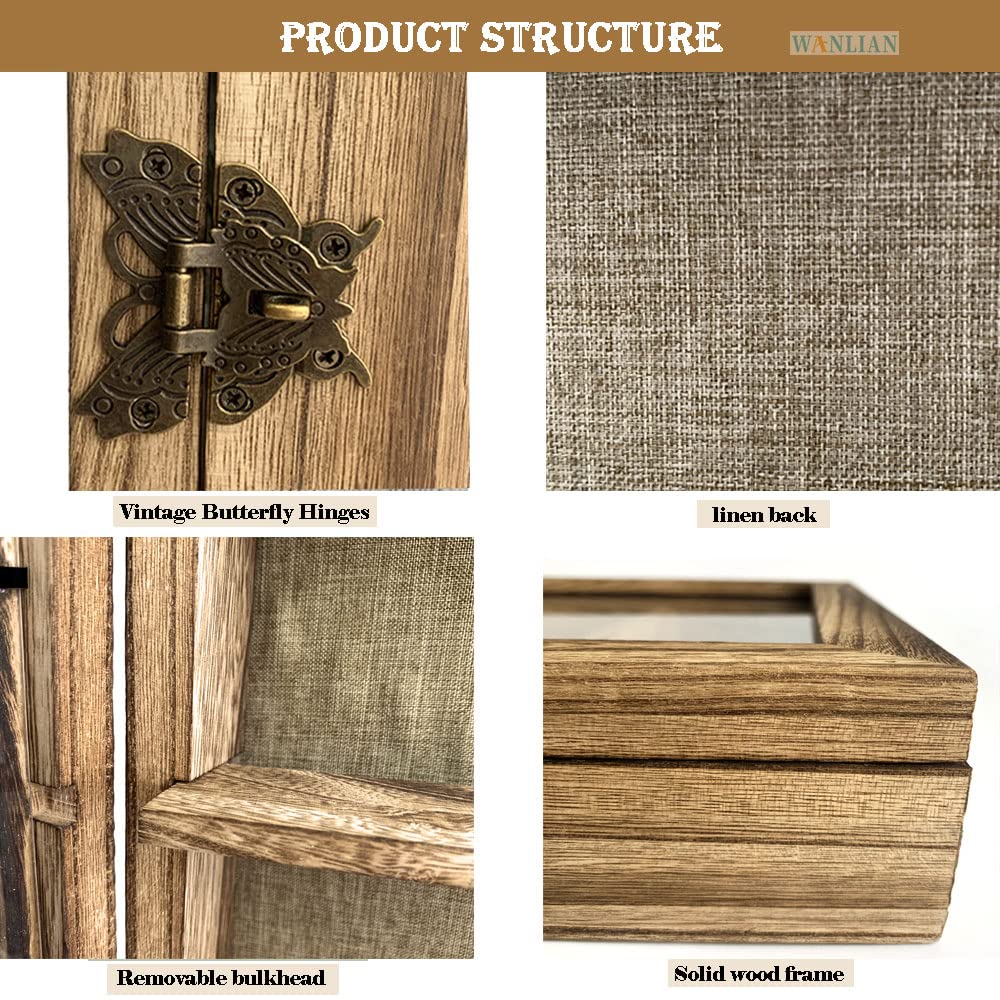 WANLIAN Large Shadow Box with Shelves, 11x16 Wooden Shadow Box Display Cabinet with Acrylic Window, 3 Removable Shelves and Linen Back, for Displaying Photo Souvenir Collection(Carbonized) WANLIAN