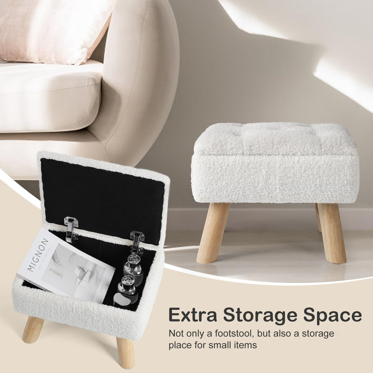 OGEMXU Ottoman Foot Rest, White Teddy Foot Stool with Storage for Dorm, Small Foot Stools with Wood Legs, Rectangular Foot Rest for Chair, Living Room, Couch, Bedroom (Cream) OGEMXU