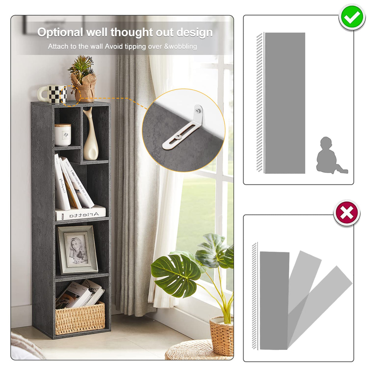 VECELO Small Bookshelf, 5 Cube Slim Bookcase, Fits Tallest Hardcovers, Horizontal Available, Modern Floor Standing Unit, Each Shelf Hold Up to 66 LBS,Modern Gray VECELO