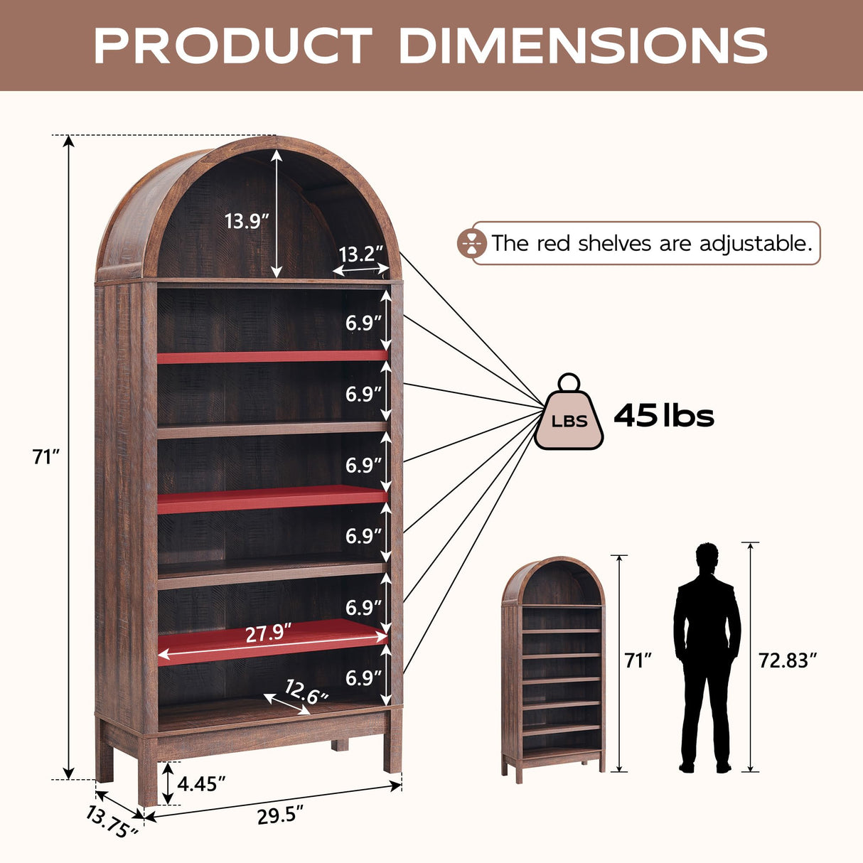 IFGET 71" Tall Arched Bookshelf, 7 Tiers Arch Bookcase with Storage, Modern Farmhouse Book Shelf with Adjustable Shelves, Wood Bookshelf w/Open Display Shelves for Living Room, Office (Brown) IFGET