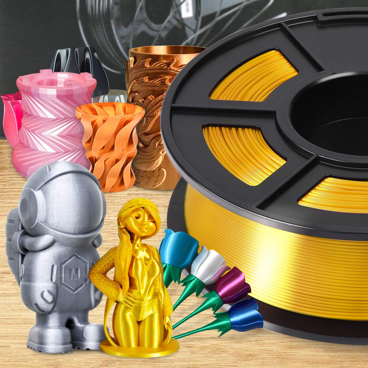 SUNLU Silk PLA Filament 1.75mm, Neatly Wound Shiny PLA 3D Printer Filament, Dimensional Accuracy +/- 0.02mm, Fit Most 3D Printers, Good Vacuum Packaging, 1kg Spool(2.2lbs), 330 Meters, Silky Gold SUNLU